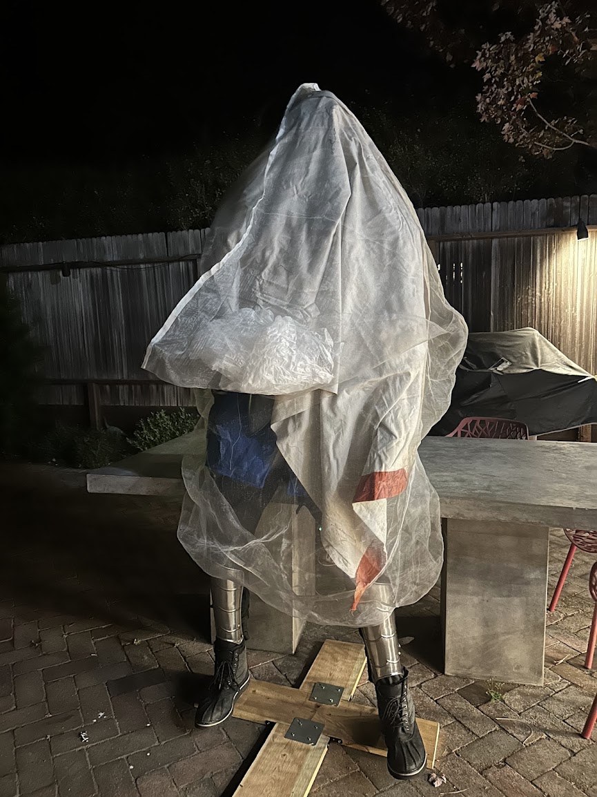 The knight in progress, under a plastic cover