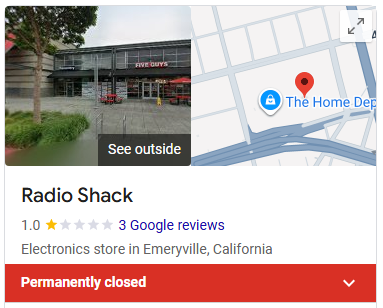 Radio Shack listing: permanently closed