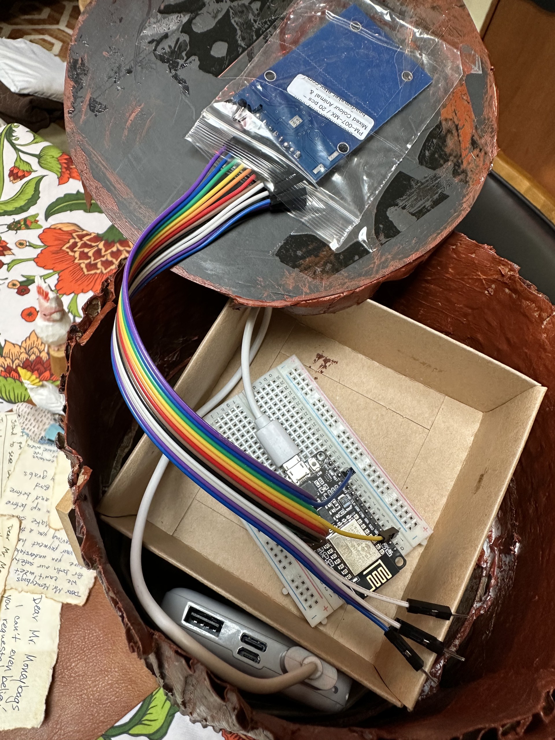 ESP32 and RC522 reader wired inside the stump